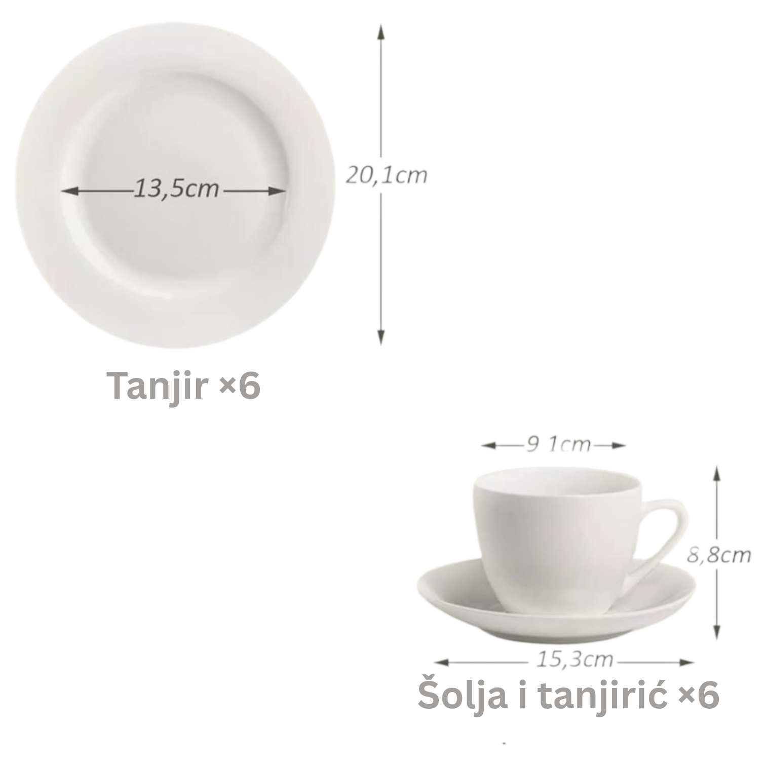 Šoljice za kafu - Set šoljica i tanjirića 18 delova beli SUNTUN - CLASSIC okrugle