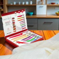 Kuhinjski noževi Royalty Line set RL-COL7A i Tchibo stolnjak