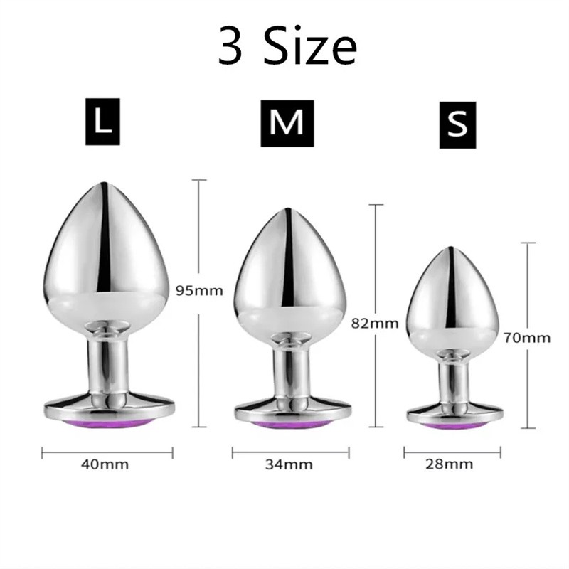 Metalni analni butt plug sa kristalom - set u veličinama S,M,L