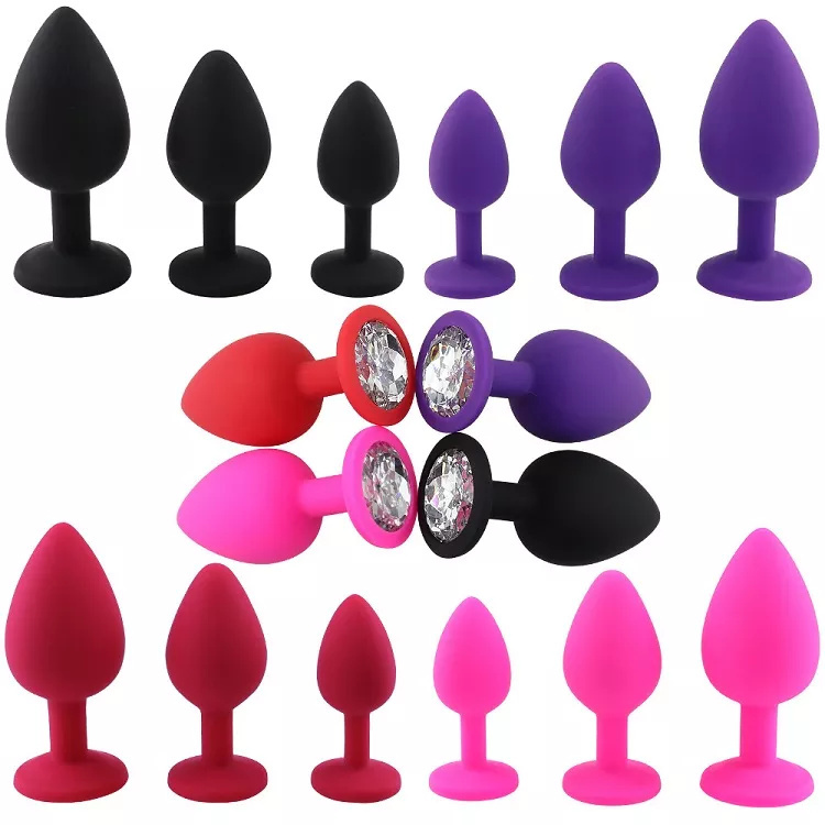 Silikonski analni butt plug sa kristalom - set (S,M,L veličina) CRVENI