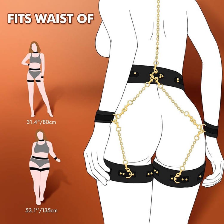 BDSM bondage set vrat, ruke, noge – crna koža i zlatni lanci za igru moći