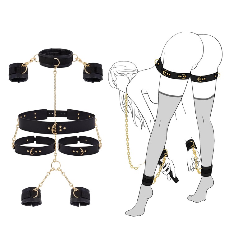 BDSM bondage set vrat, ruke, noge – crna koža i zlatni lanci za igru moći