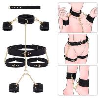 BDSM bondage set vrat, ruke, noge – crna koža i zlatni lanci za igru moći
