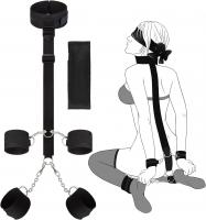 BDSM bondage set vrat, ruke, noge – crna koža i zlatni lanci za igru moći